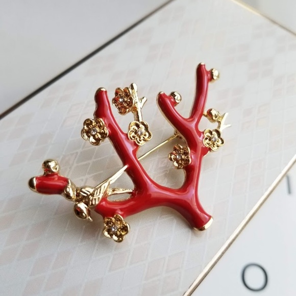 Red Enamel Plum Blossom Tree Brooch Pin $29 - Picture 1 of 6